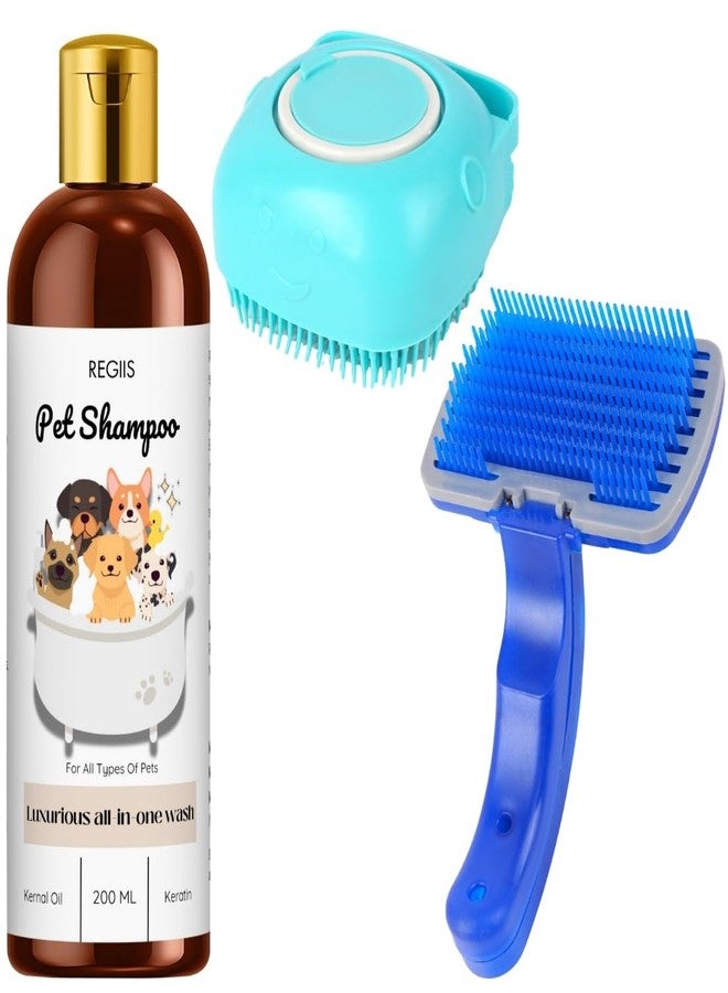 مجموعة شامبو ريجيس للحيوانات الأليفة مع فرشاتين للعناية، غسول فاخر شامل، 200 مل، أزرق وفيروزي، للكلاب والقطط (عبوة من 3 قطع) - Image 1